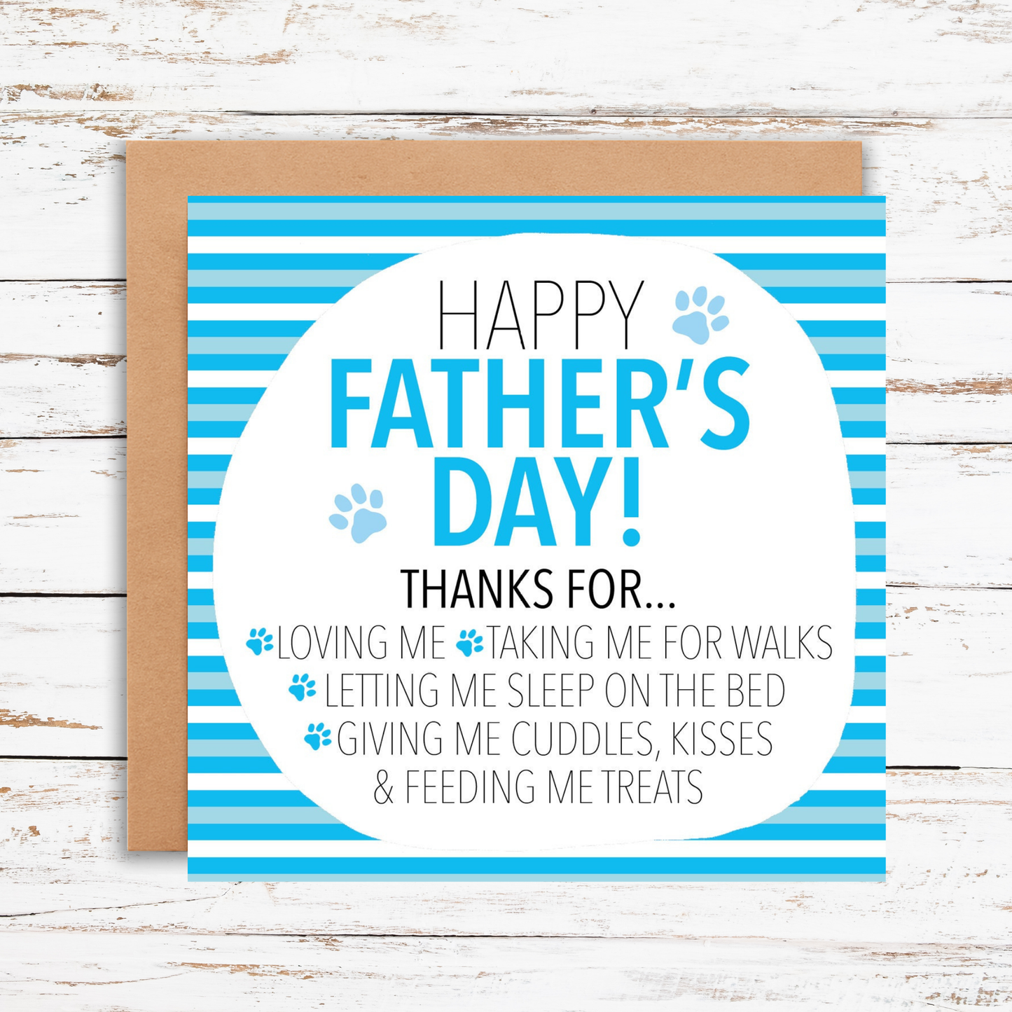Father's Day card with blue stripes and text on a wooden background