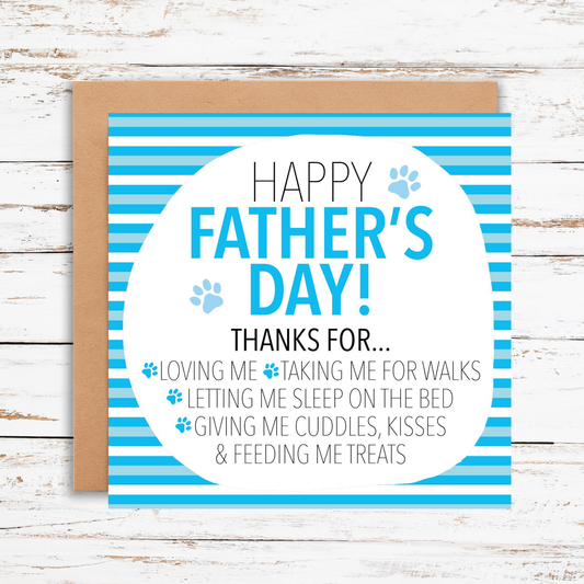 Father's Day card with blue stripes and text on a wooden background