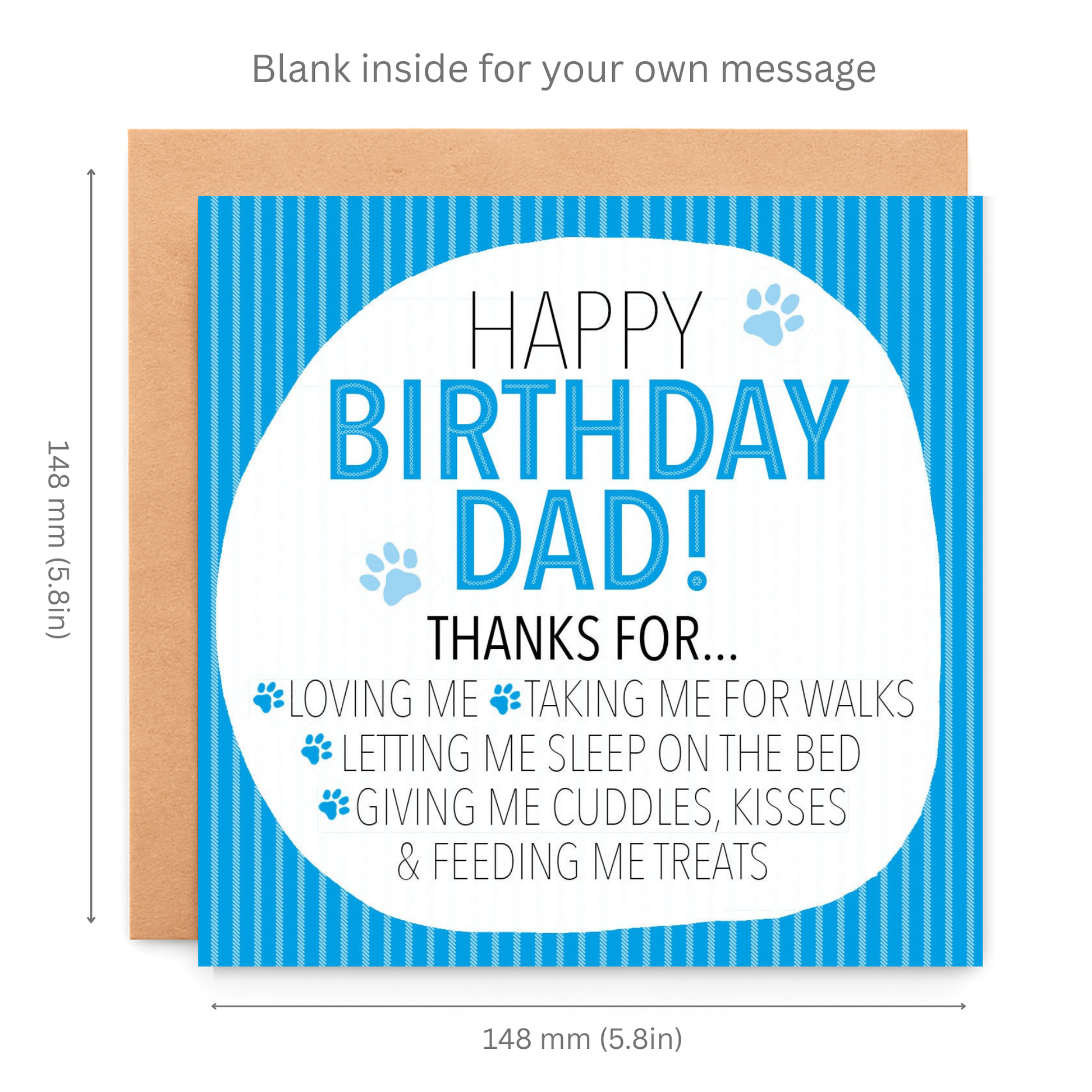 Birthday card for a dad with blue text and paw prints, dimensions shown.