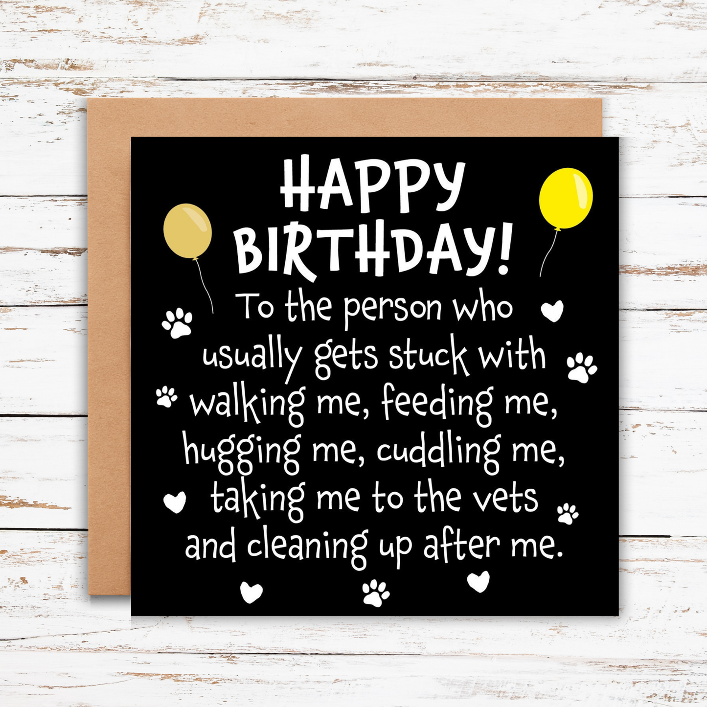 Birthday card for a pet owner with text and balloons on a wooden background