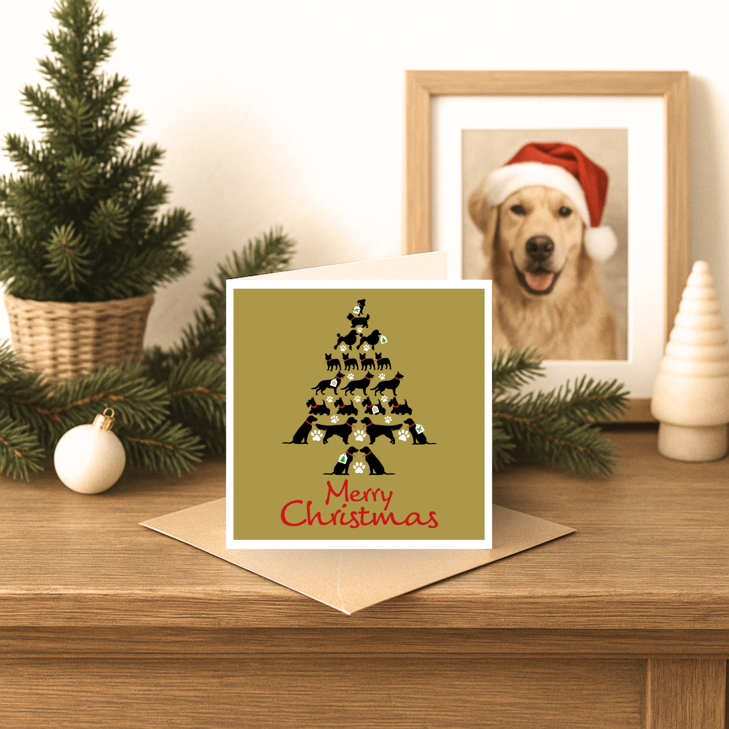 Christmas card with dog illustration on a wooden surface with festive decor
