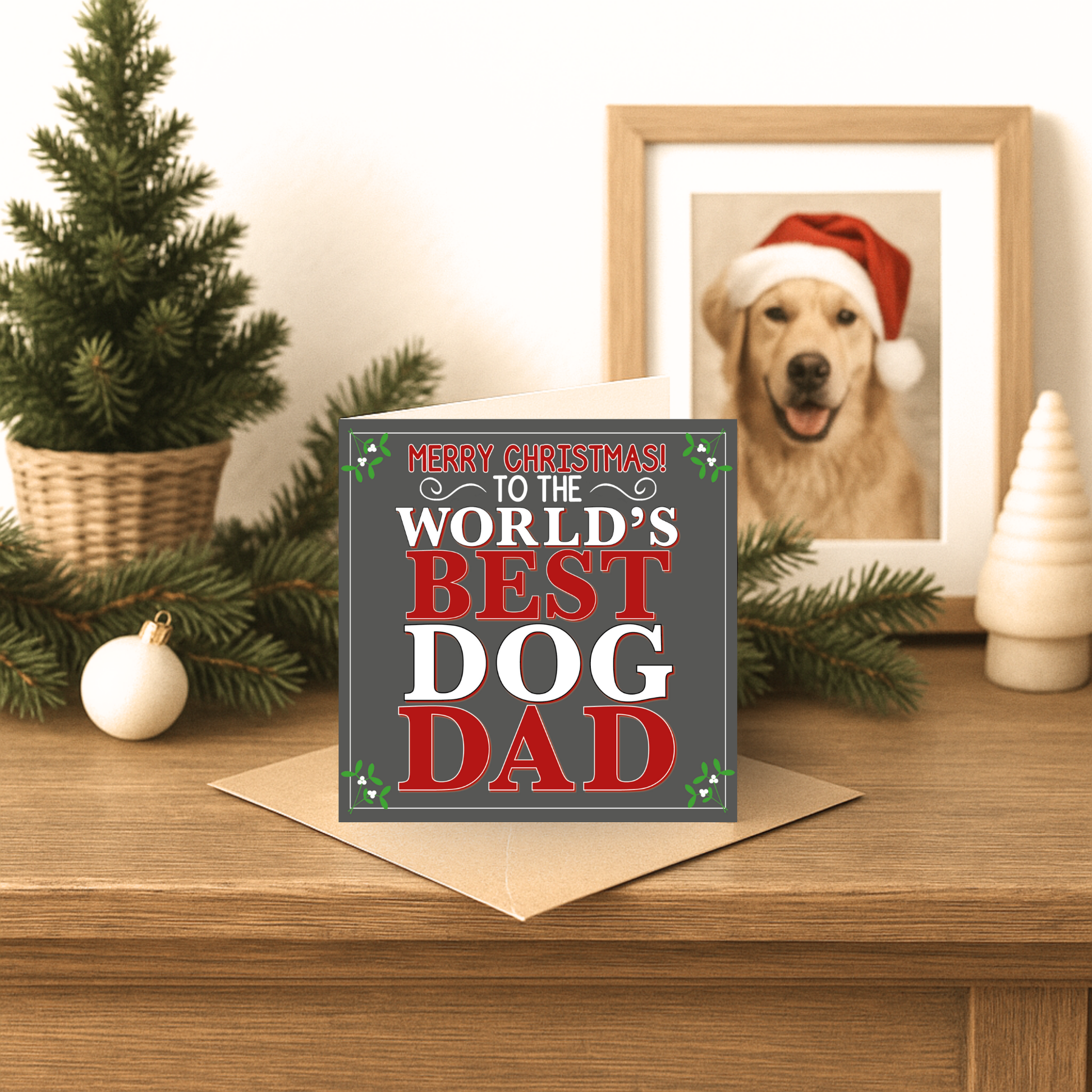 Christmas card for 'World's Best Dog Dad' on a wooden surface with festive decorations.