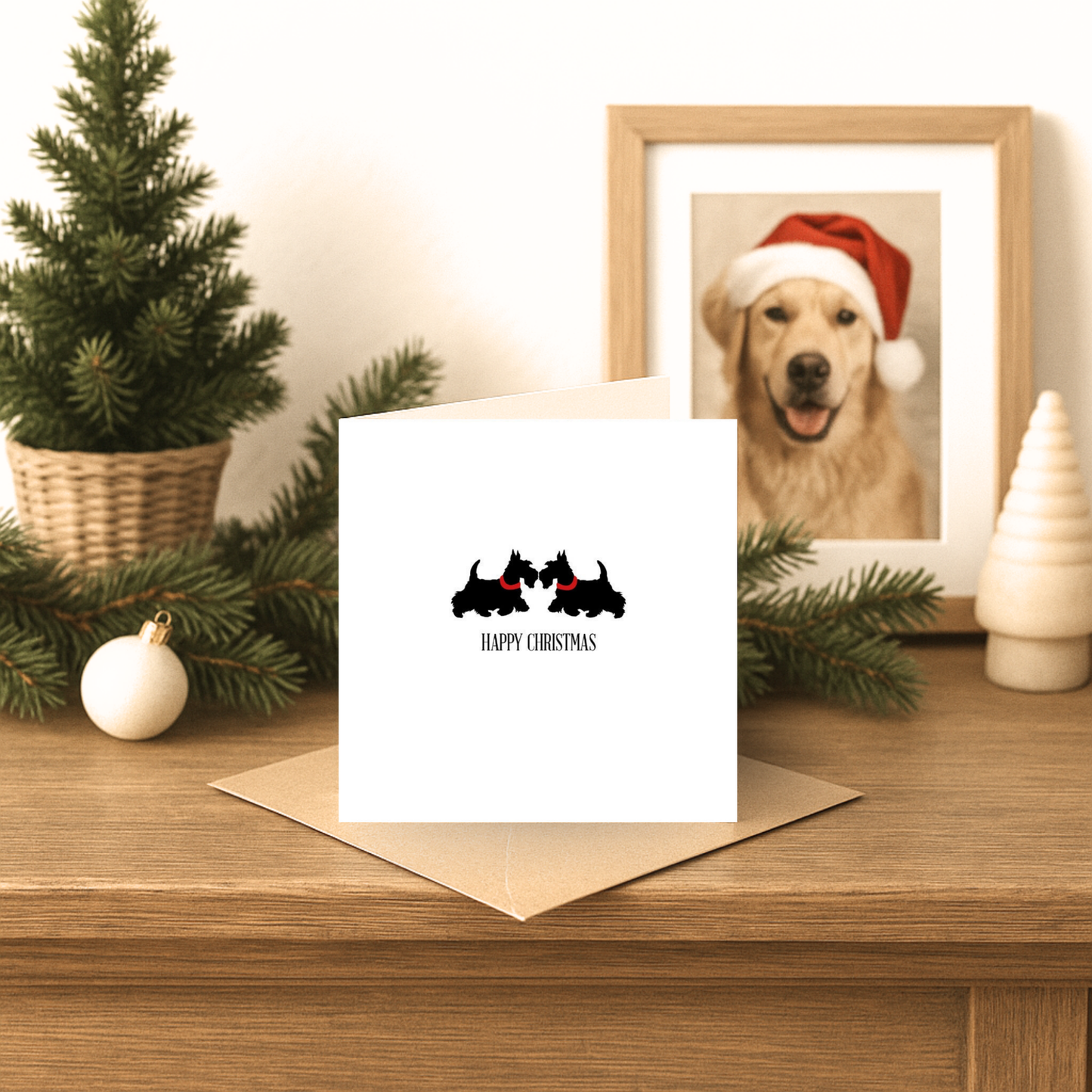 Christmas card with dogs and envelope on a wooden surface with festive decorations.