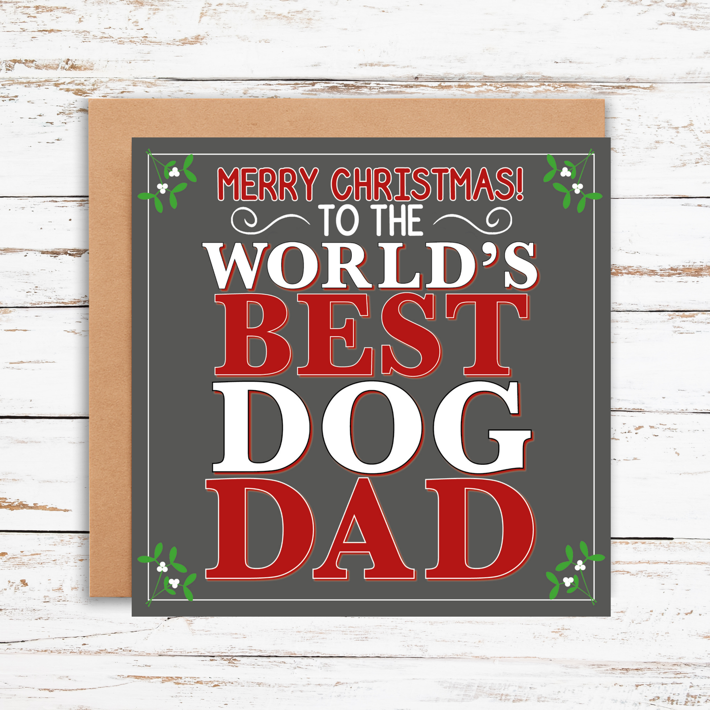 Christmas card for a dog dad with text on a gray background
