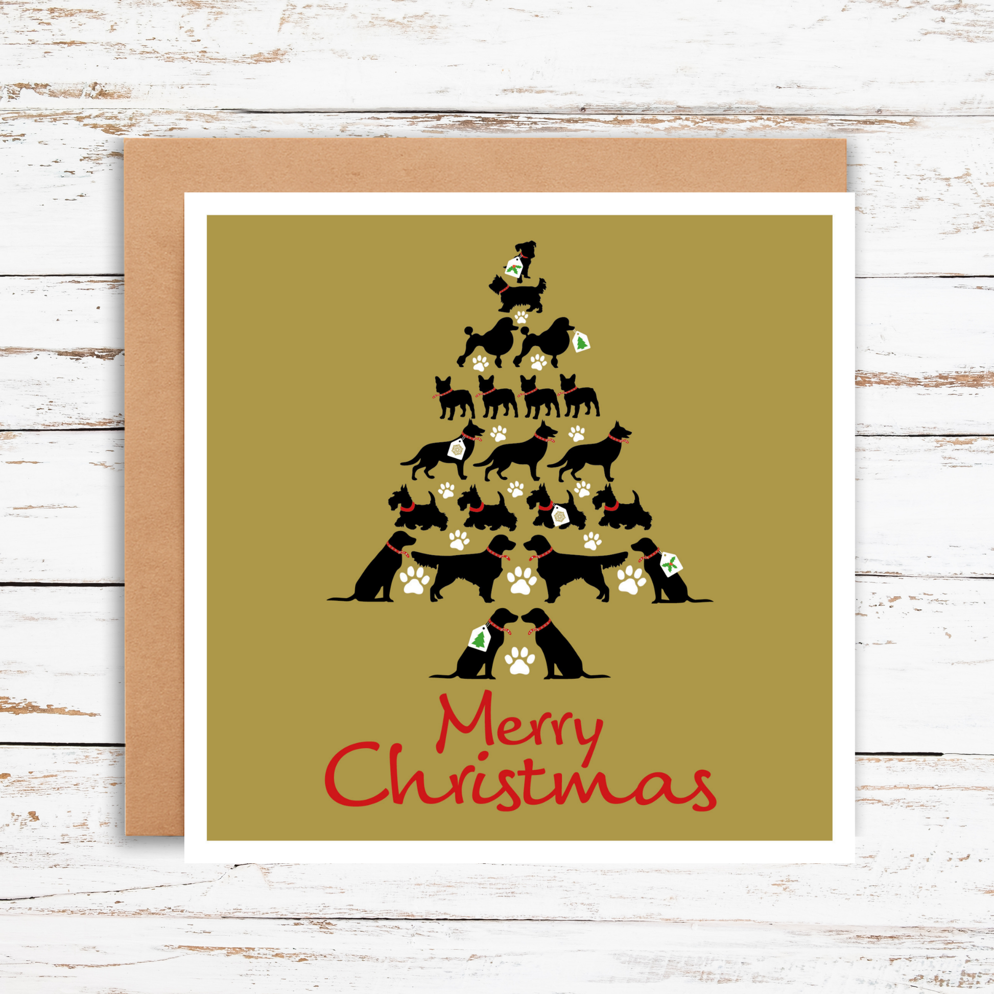Christmas card with a tree made of dogs and 'Merry Christmas' text on a gold background.