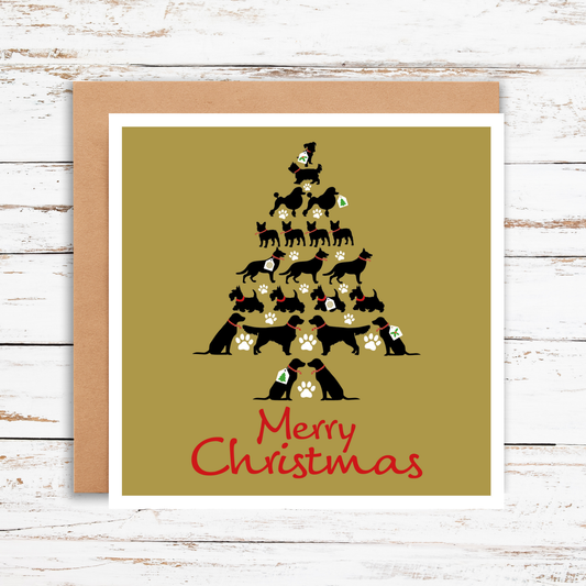 Christmas card with a tree made of dogs and 'Merry Christmas' text on a gold background.
