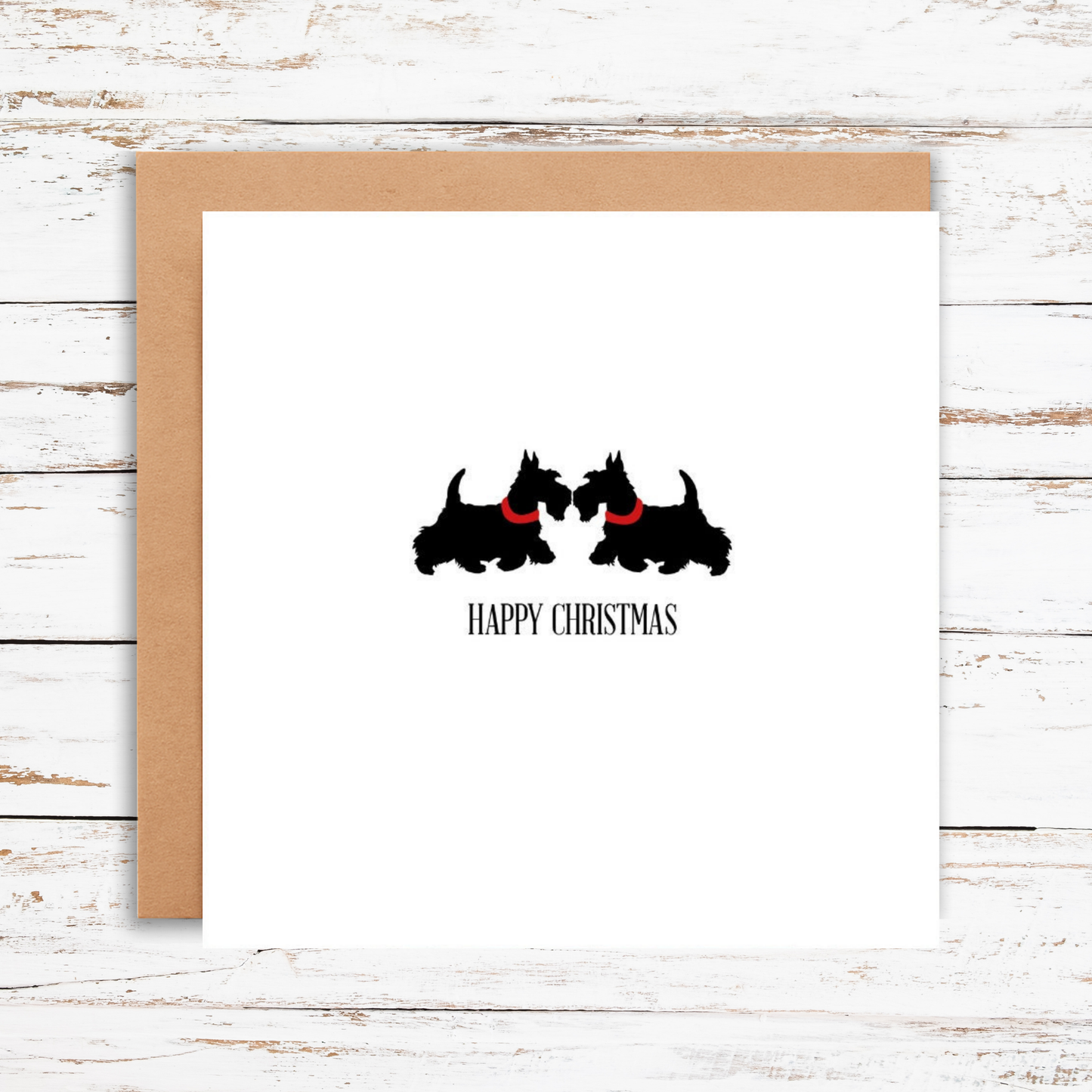 Christmas card with two black dogs and 'Happy Christmas' text on a white background