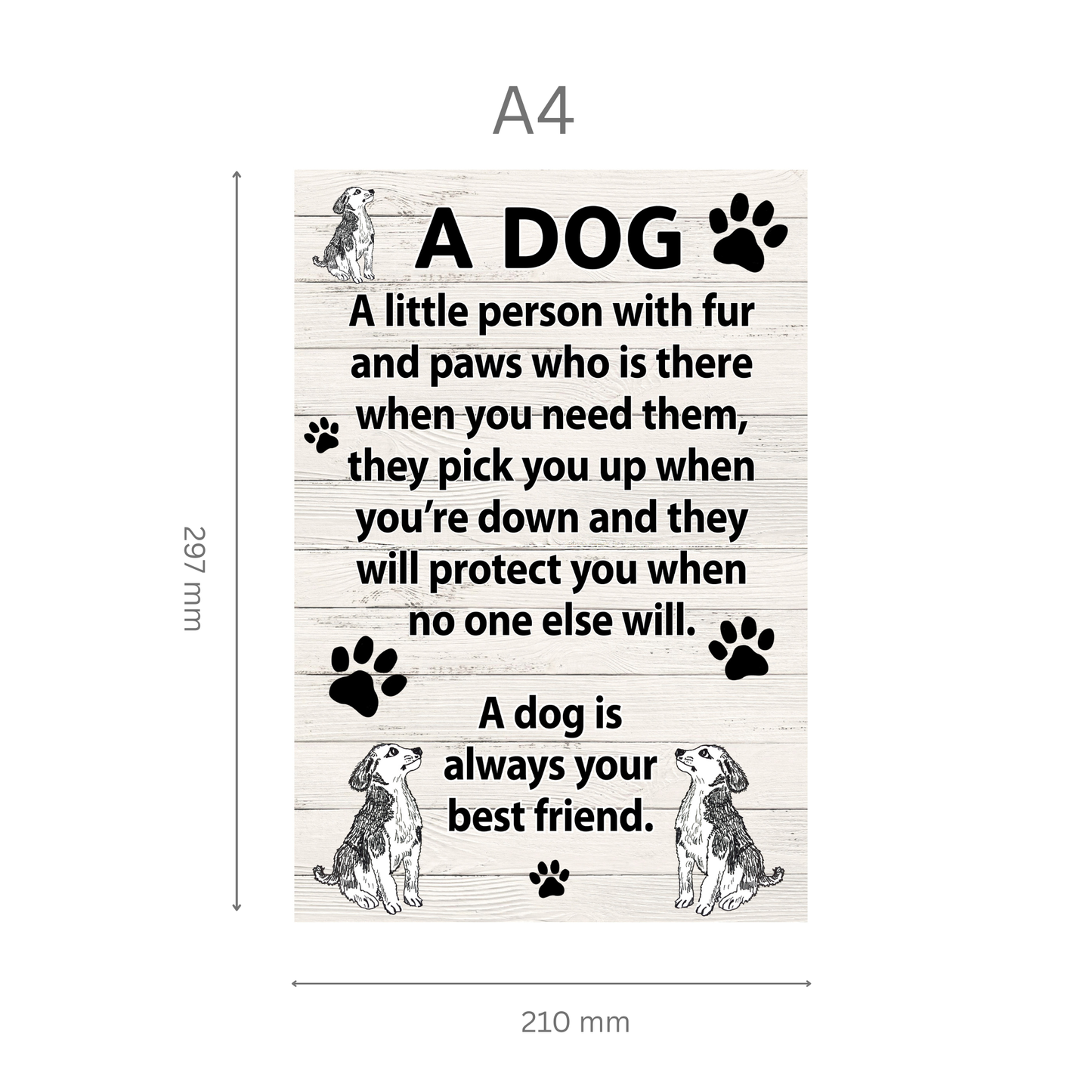 Wooden sign with text about dogs and illustrations of dogs on a white background