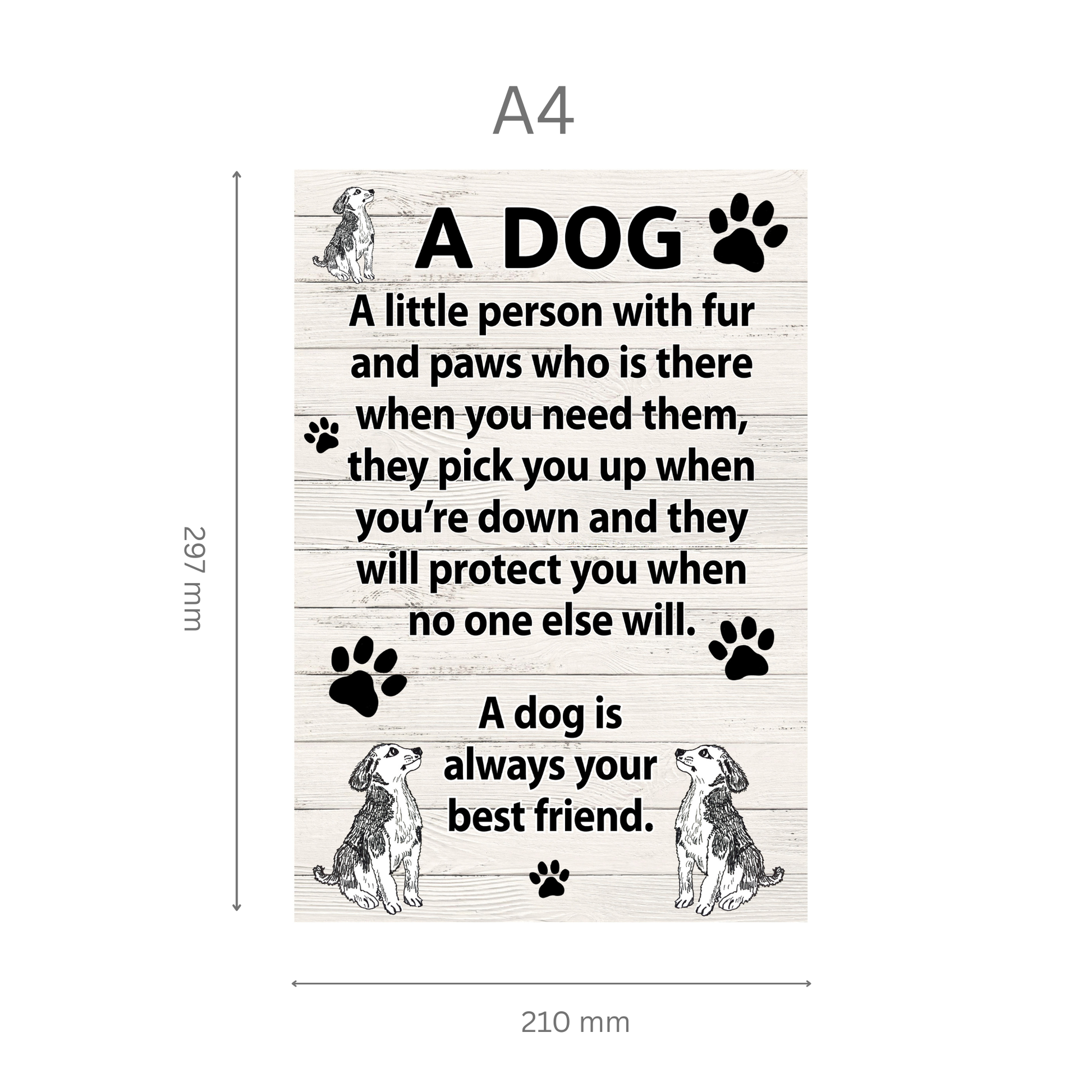 Wooden sign with text about dogs and illustrations of dogs on a white background