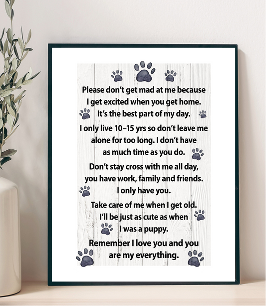 Framed poster with a message for pets on a white background