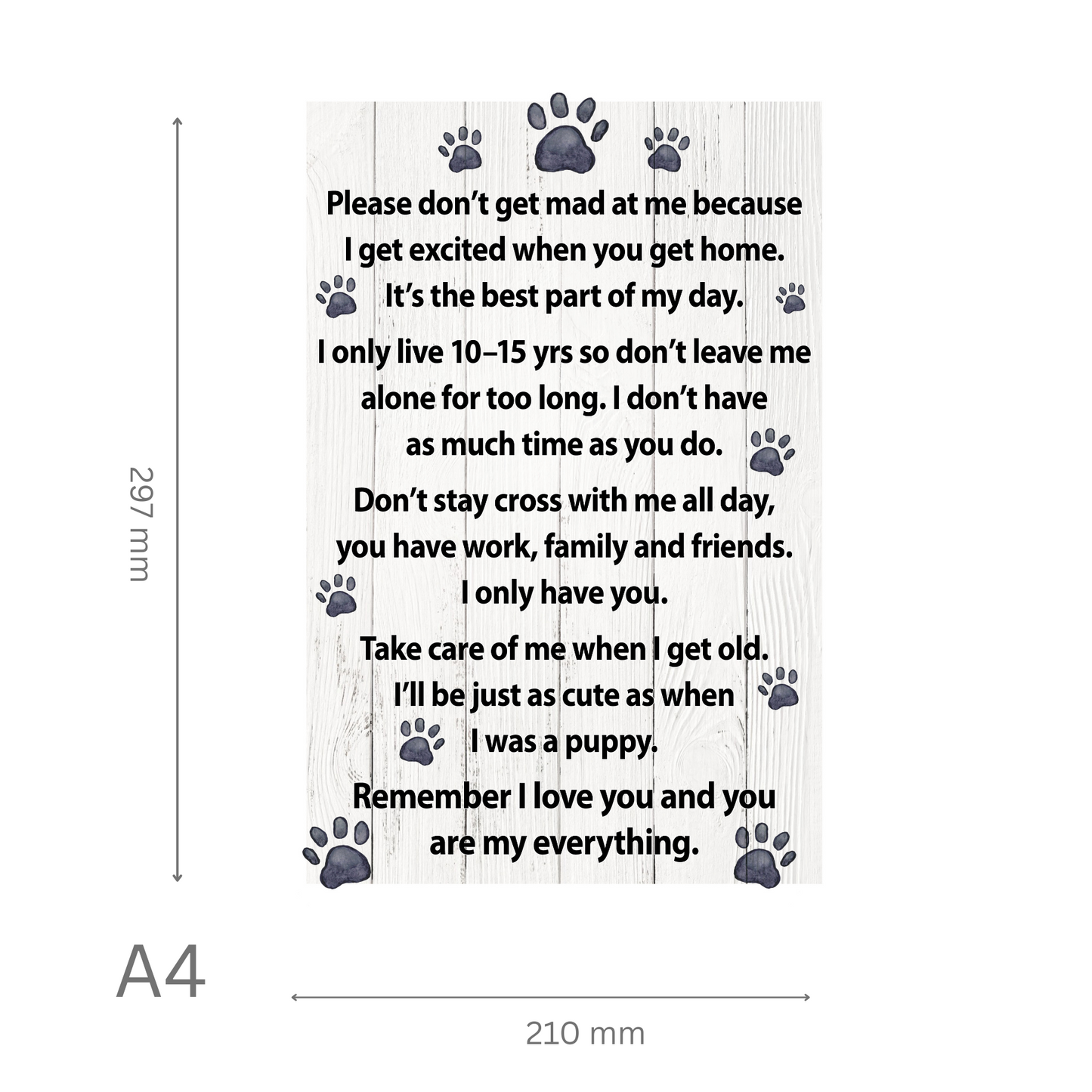 Textual message for pets with dimensions on a white background