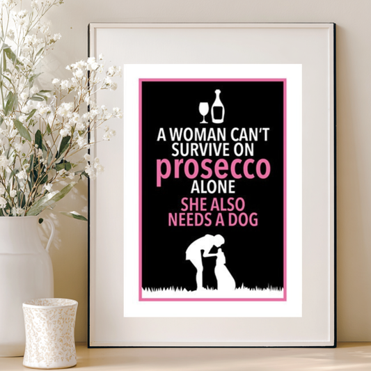 Framed poster with humorous text and a dog illustration on a table with decorative elements.