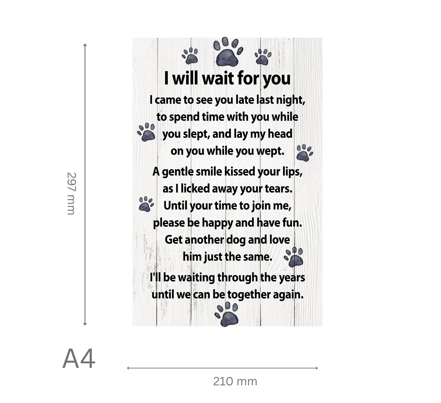 Wooden plaque with a poem and paw prints on a white background