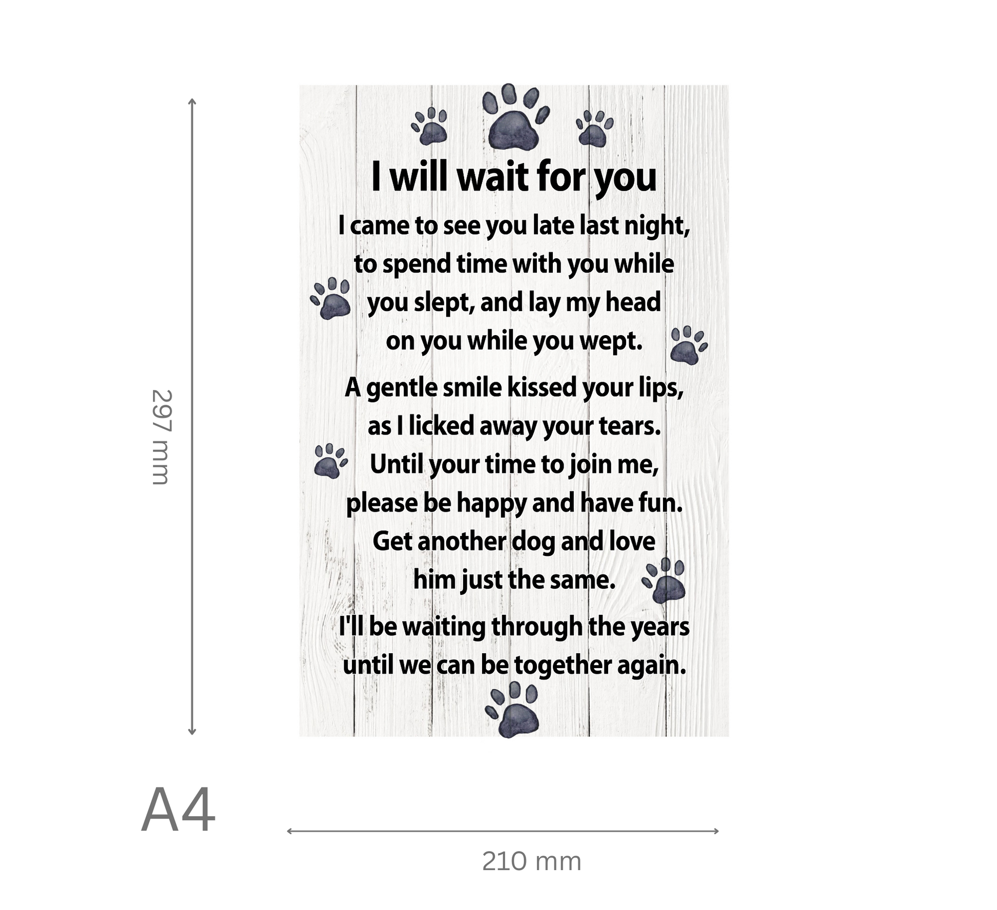 Wooden plaque with a poem and paw prints on a white background