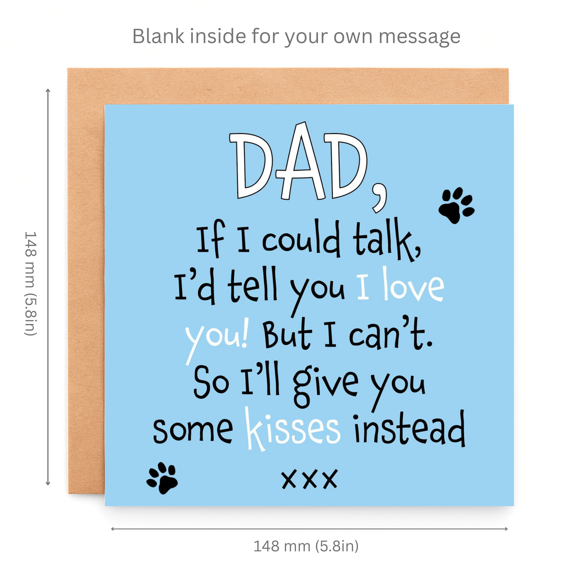 Greeting card for Dad with text and dimensions on a white background