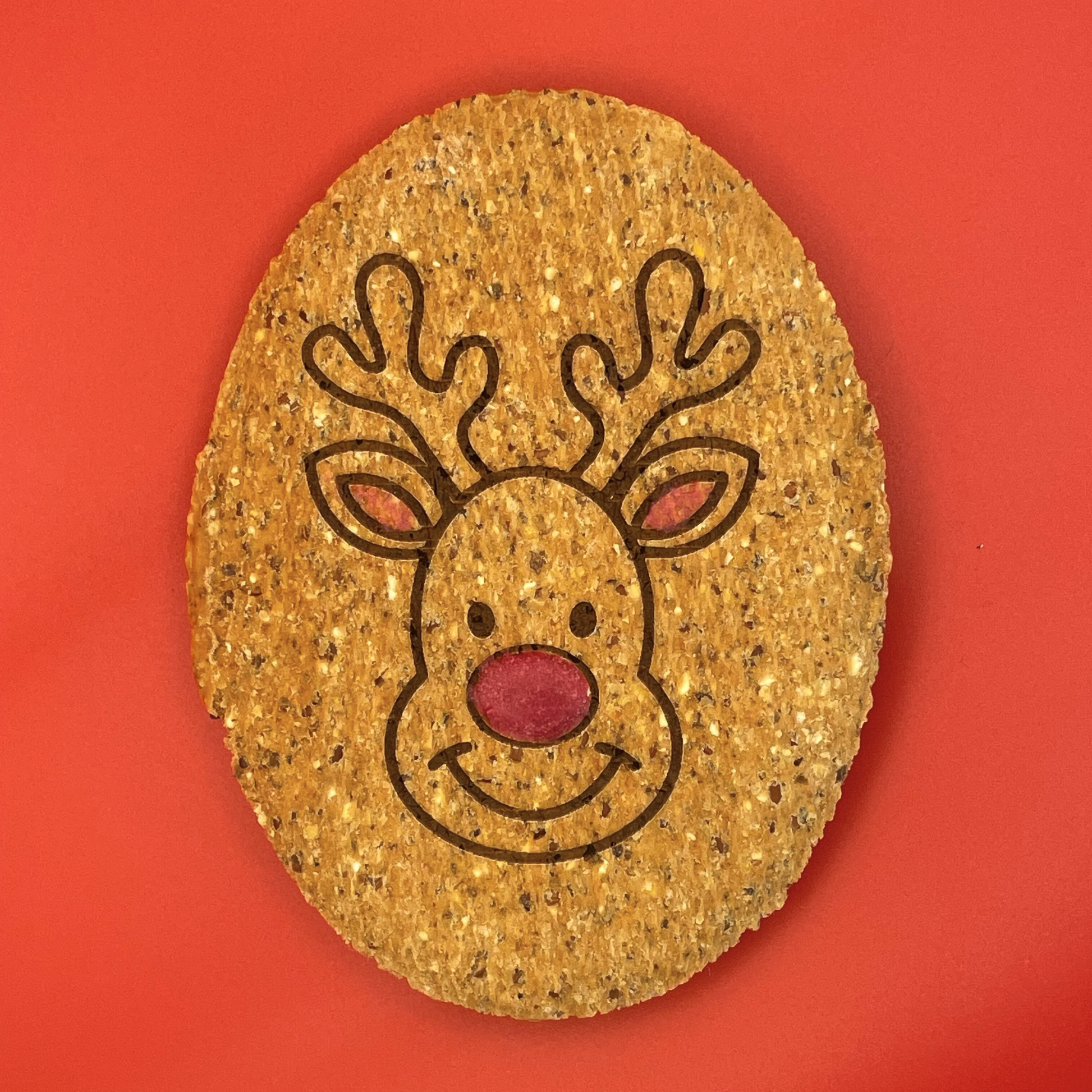 Dog Biscuitwith a reindeer design on a red background